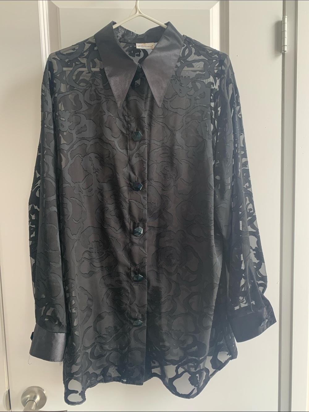 Women's Sheer Burnout Floral Black Satin Blouse